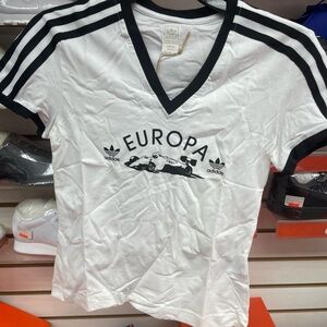 Adidas Women’s Europa V-Neck Tee in White/Black Old School Original 1990